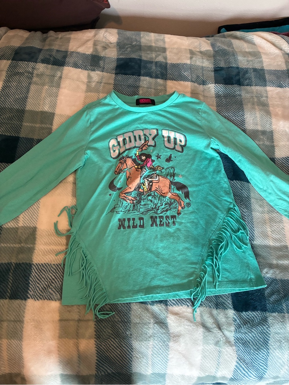 Girls' Teal Long-Sleeve Fringe Graphic Tee - Giddy Up Wild West